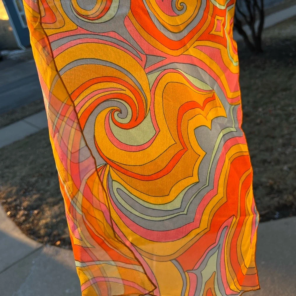 Sheer Paisley 1970s Mod Scarf /Ponytail Tie/Wrap Orange/Pink/Blue/Yellow 15βx44β - Picture 3 of 16